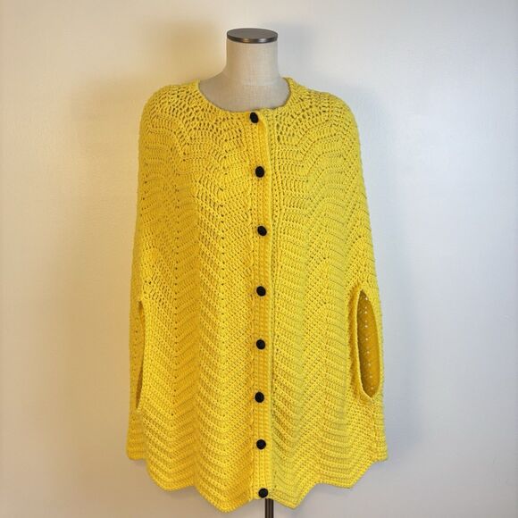 Vintage Handmade Button Up Knit Crochet Sweater Cape Poncho Womens OS Arm Holes - Picture 1 of 10